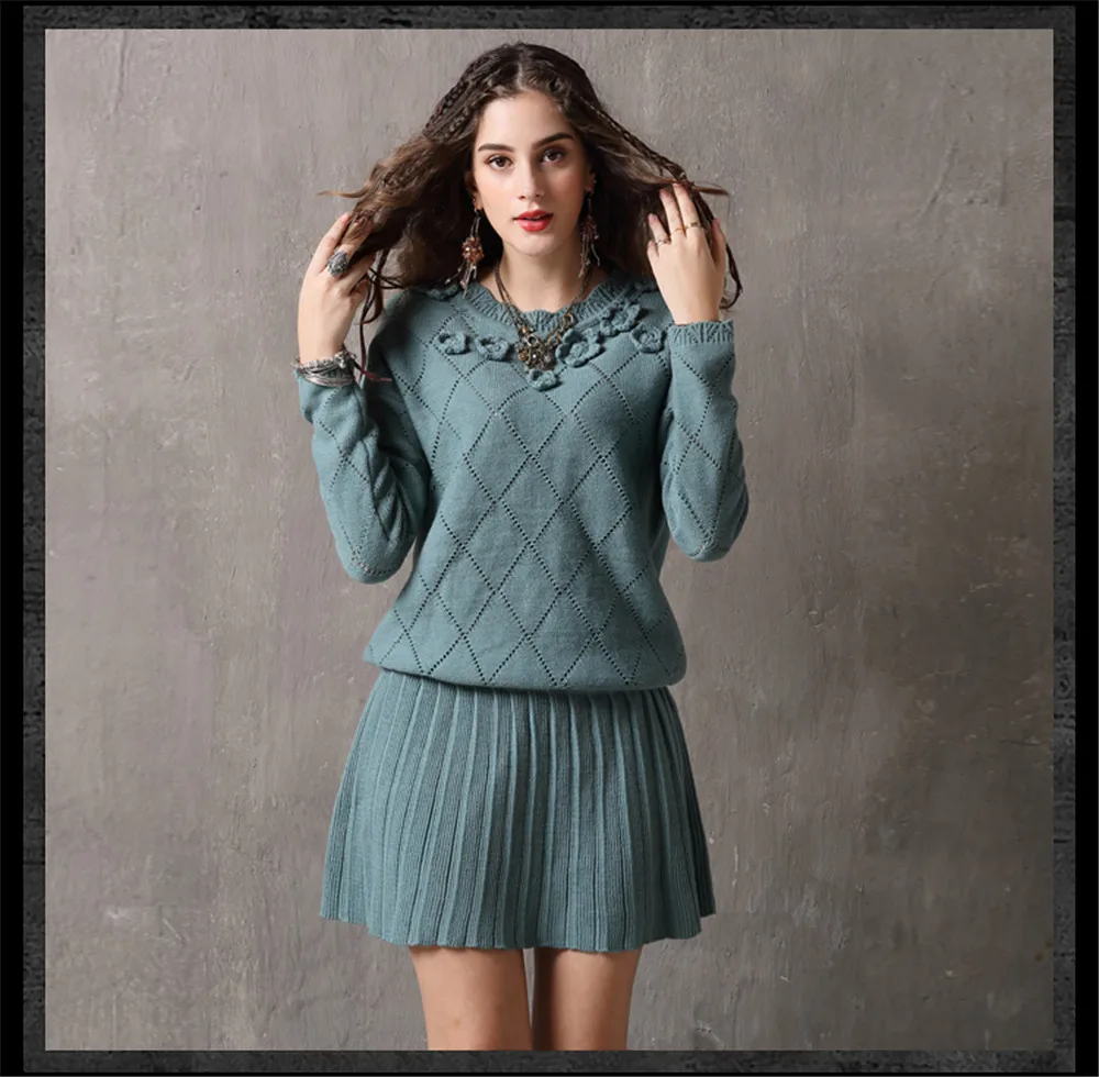 Vintage Winter Sweater Dress 2018 Cotton Wool Floral Knitting Dresses Female O-Neck Long Sleeve Pleated Sweater Dress Vestidos (11)
