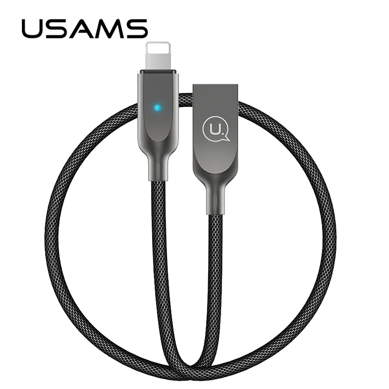 

USAMS for iPhone X Cable for iPhone 8 7 6 6s 5s Auto Disconnected Nylon Braided cable LED light iOS 11 10 9 smart charger cable