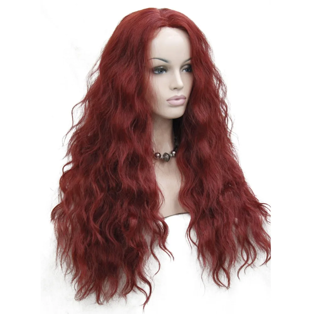 HHG-9211 350E High Quality Heat Resistant Dark Red Wavy Lace Front Long Wig (2)