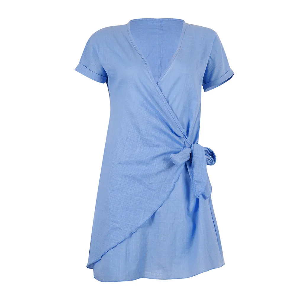 

JAYCOSIN Fashion Women Solid Casual V-Neck Bandage Short Sleeve Mini Dress Sashes Summer Polyester Casual princess Dress June 10