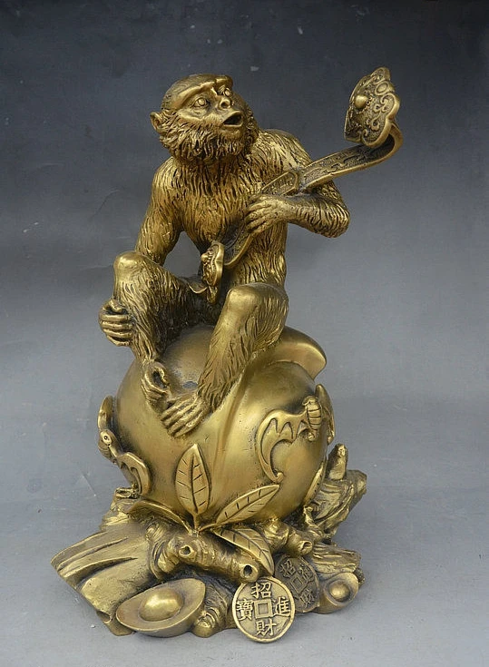 

16" China Brass Zodiac Monkey Hold RuYi Sit Peach Bat Wealth YuanBao Coin Statue