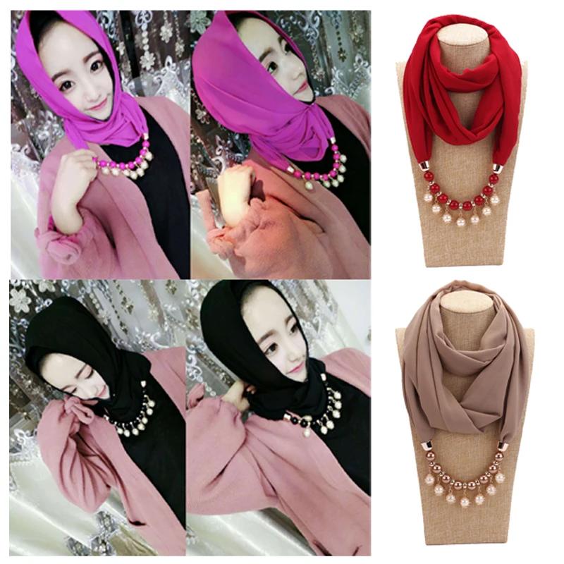 

New Pendant Scarf Necklace For Women Chiffon Scarves Pendant Jewelry Foulard Female Muslim Hijab Sacrf
