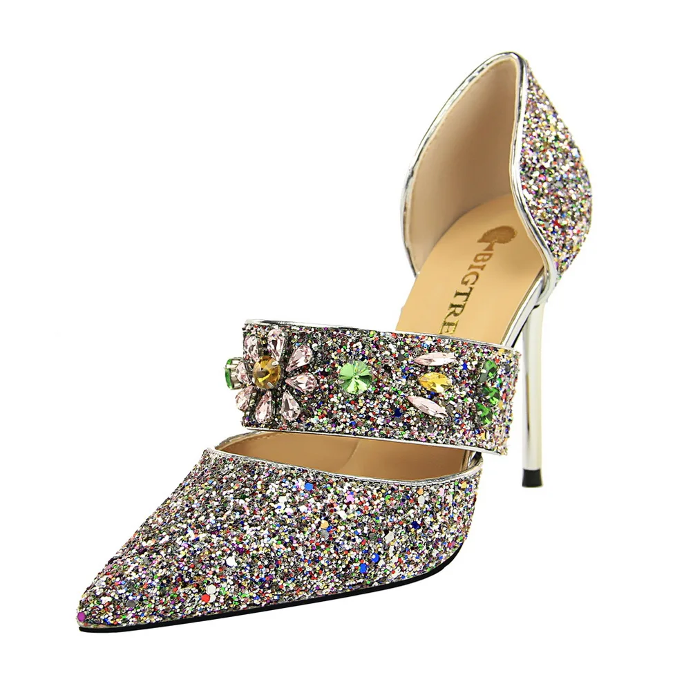 Women high heels Bling sequined cloth Sandals poninted toe 10CM thin heel crystal flower Glitter pumps Dance club Sexy shoes Women high heels Bling sequined cloth Sandals poninted toe 10CM thin heel crystal flower Glitter pumps Dance club Sexy shoes