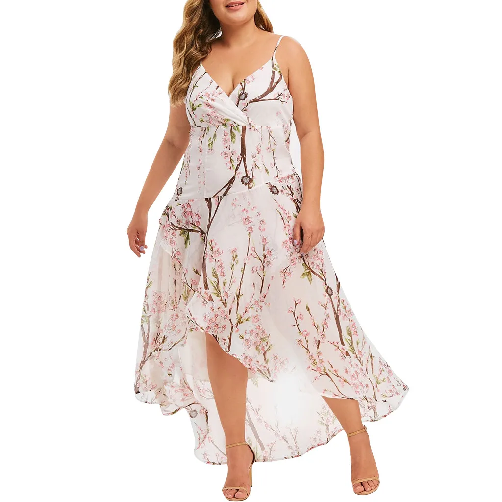 

JAYCOSIN dress Women Casual Plus Size V-neck Print Stitching Sling Waist Irregular Spaghetti Strap Dress Vestidos