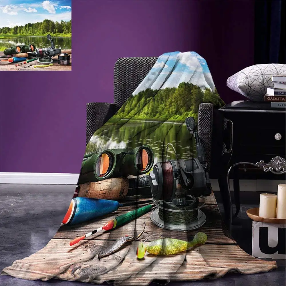 Hunting Decor Throw Blanket Fishing Tackle on a Pontoon Lake in the