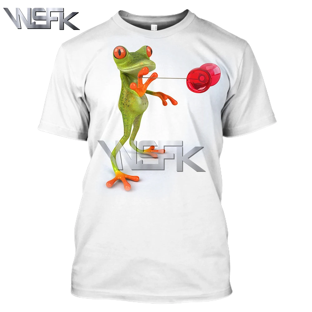 

WSFK men and women 3D red eye tree frog print T-shirt summer round neck casual off white sweatshirt men and women short sleeve