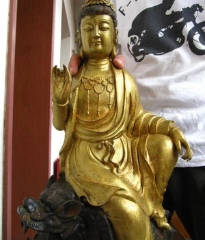 

28" Chinese Large Bronze Copper Gild Bodhisattva Ride on Dragon fish Statue