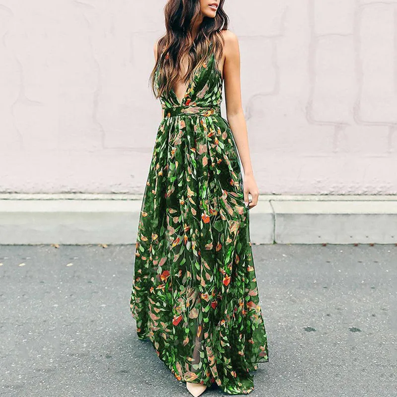 

Women Casual Dress Autumn Sexy Expansion V-Neck High-Waist Spaghetti Strap Fashion Backless Print Maxi Green Yellow Floral Dress