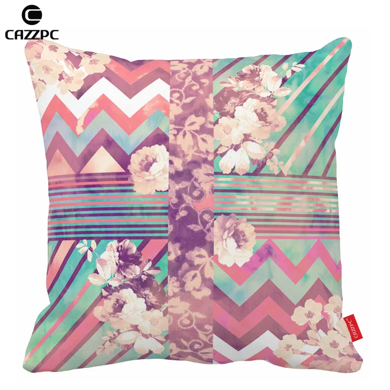 Retro Pink Turquoise Abstract Floral Stripe Chevron Print Cushion