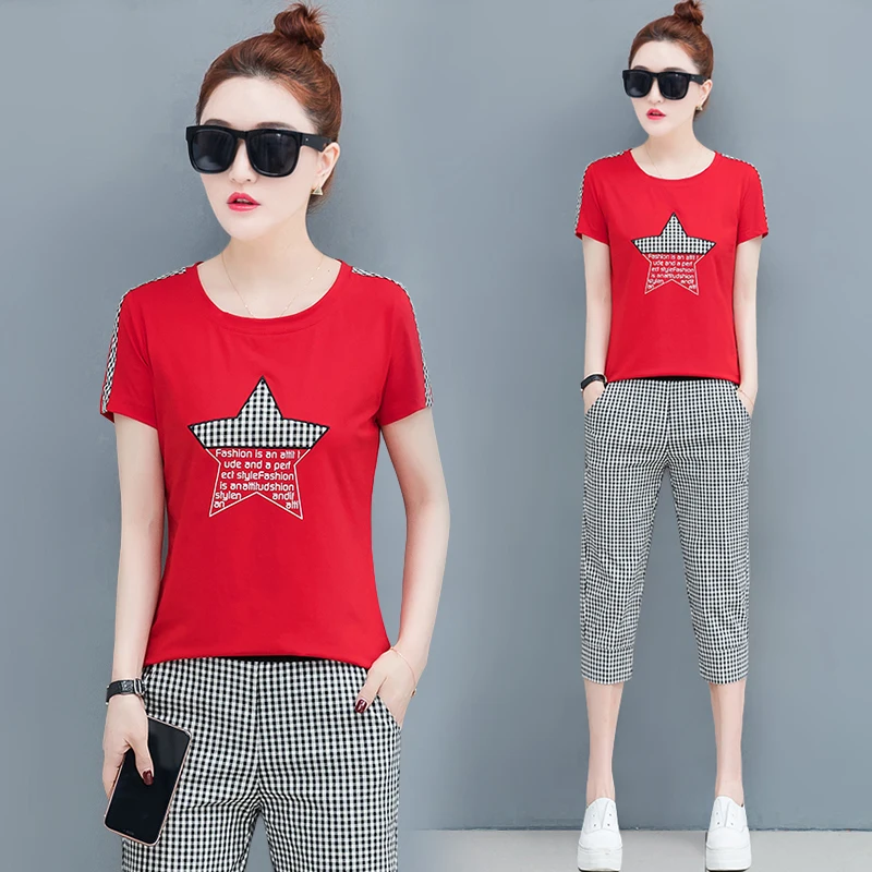 

Red Plaid Co-ord Set 2019 Summer Two Piece Outfits Tracksuits for Women Plus Size Big Pants Suits and Topsportswear Clothing