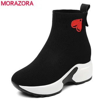 

MORAZORA 2020 hot sale platform boots women embroider Heart-shaped Elastic boots flat ankle boots ladies autumn winter boots