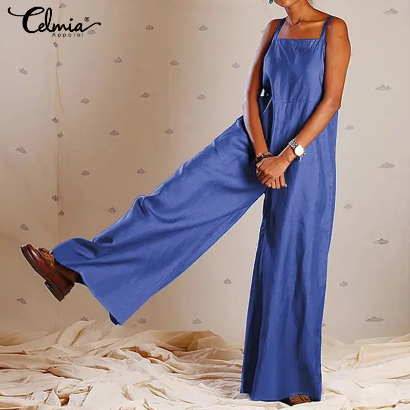 

Celmia Women Long Jumpsuits 2019 Summer Rompers Casual Loose Solid Strap Wide Leg Pant Vacation Pantalon Feminino Overalls S-5XL