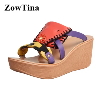 

Handmade Women Platform Casual Slippers Real Leather Red Purple Outside Wedge Slides Shoe Woman Studded Bohemian Summer Stiletto
