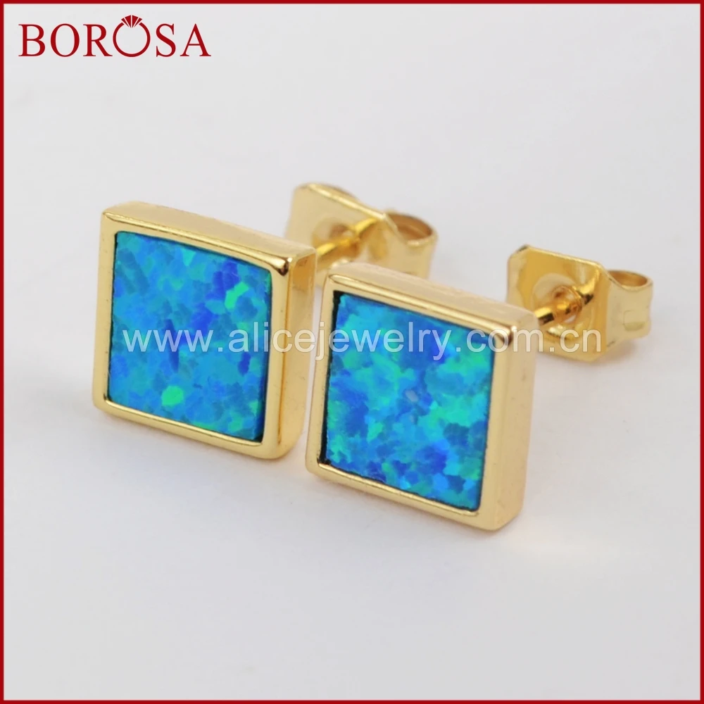 BOROSA 2018 New Collection Earrings! Gold Color Bezel Square Blue Opal Stud Earrings for Women Party Druzy Jewelry Gems ZG0225 | Украшения