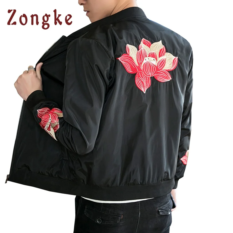 2018 New Chinese Lotus Embroidery Bomber Jacket Coat Men Jaqueta