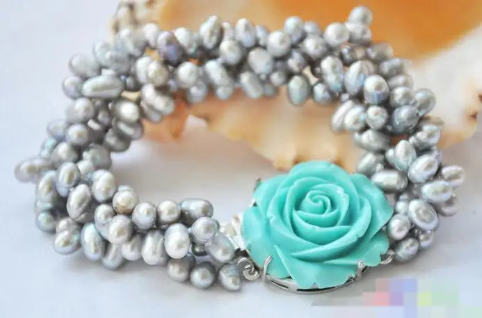 

3718 4row 8" gray rice freshwater pearl bracelet blue flower