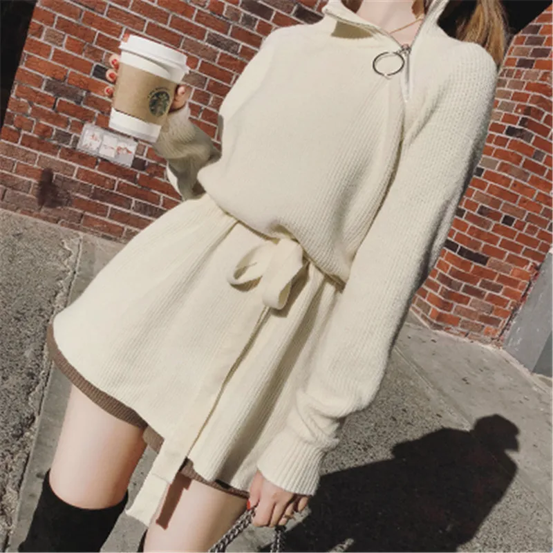2018 Long Sleeve Turtleneck Kintted sweater For Women lady top Zipper Split side Casual Loosen Pullovers with belt | Женская одежда