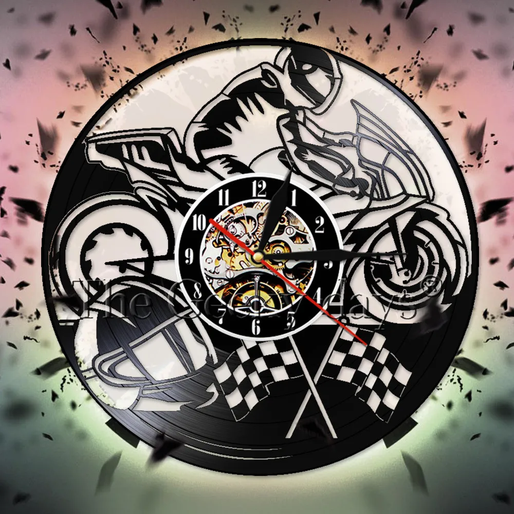 Мотоцикл Виниловая пластинка настенные часы мотоцикл декоративные часы мотоциклист гонщик всадники подарок домашнее искусство современный настенный Декор