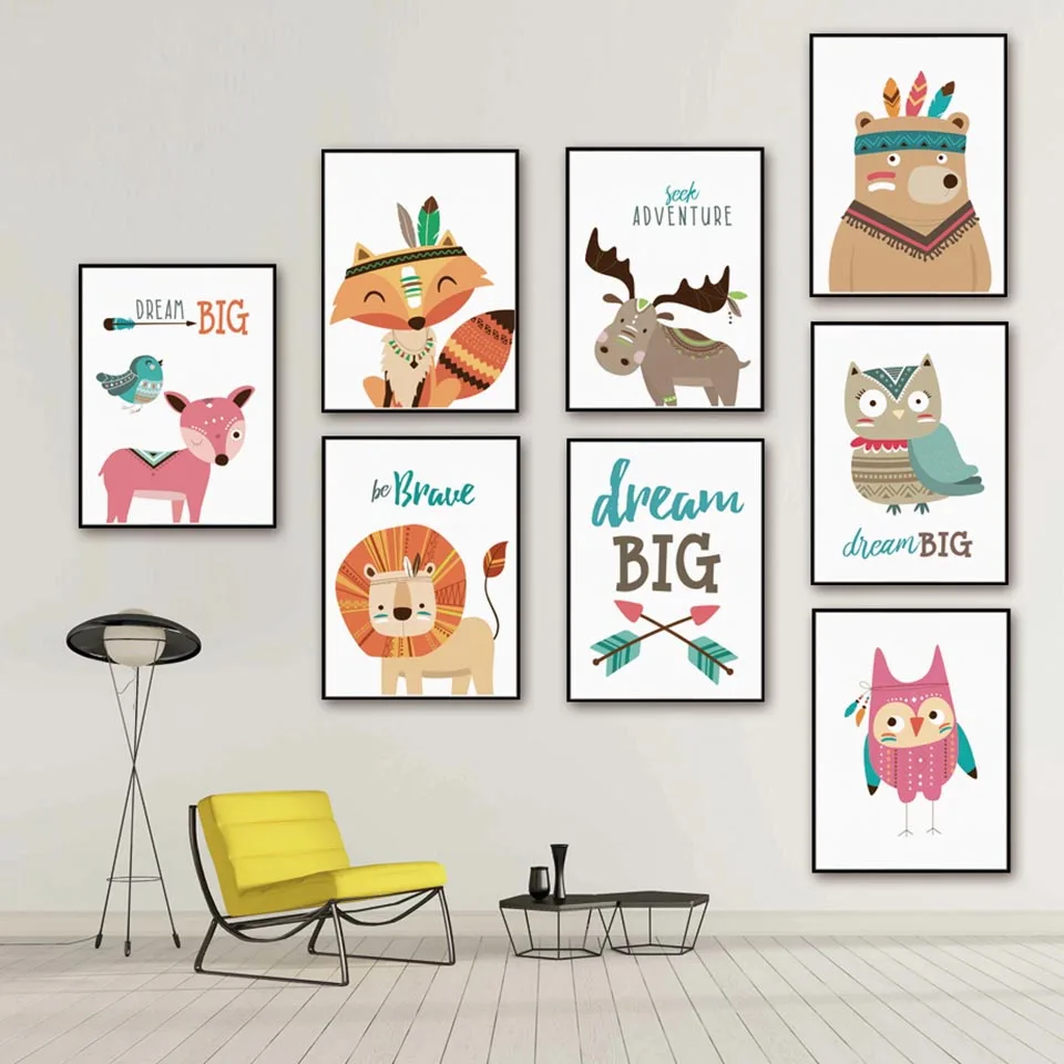 

Nordic Deer Fox Prints Lion Owl Dream Posters Canvas Painting Animal Wall Art Cartoon Bear Picture Baby Kids Room Bedroom Decor