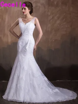 

2019 Country Mermaid Long Sleeveless Wedding Dresses With Straps Bridal Gowns White Appliques Tulle Vestidos De Novia Custom
