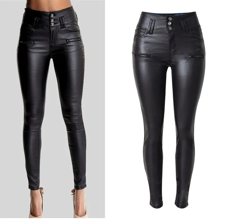 Женские модные брюки с черным покрытием из искусственной кожи с высокой талией, брюки с пуговицами, украшенные тонкими длинными узкими прикладом, сексуальные черные брюки