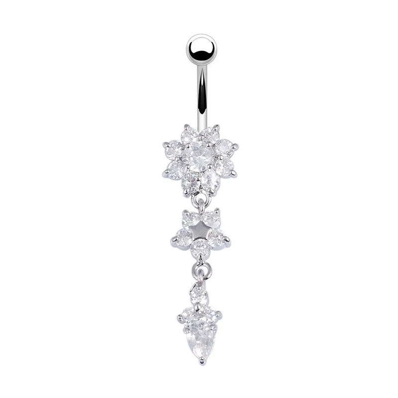 Navel Belly Button Rings Crystal Flower Dangle Bar Barbell Body