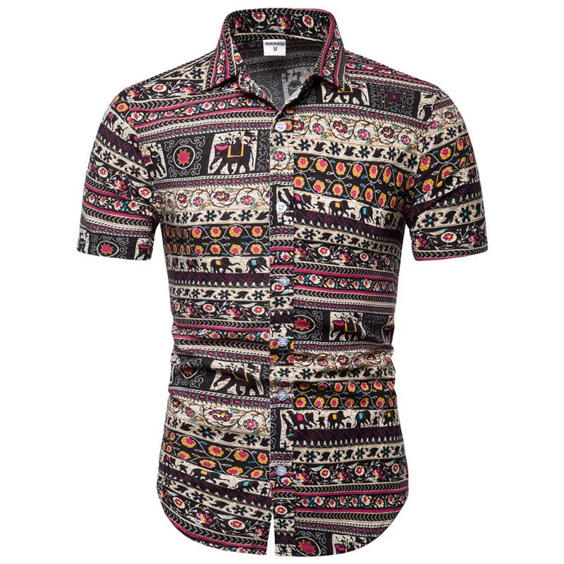 

2019 Summer New Fashion Male Shirt Ethnic Style Men Shirts Elephant Printed Vintage Floral Blouse Man Tops