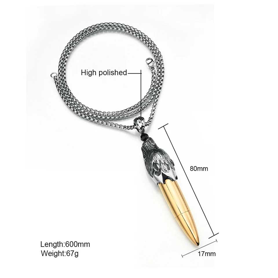 YANGQI Stainless Steel Wolf Head Bullet Pendant Necklace Silver Chain Openable Animal Souvenir Bullet Pendant Statement Jewelry