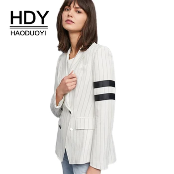 

HDY Haoduoyi Striped Double Breasted Notched High Low Coat Casual Long Sleeve Pocket Side Split Brief Gored Autumn Blazer
