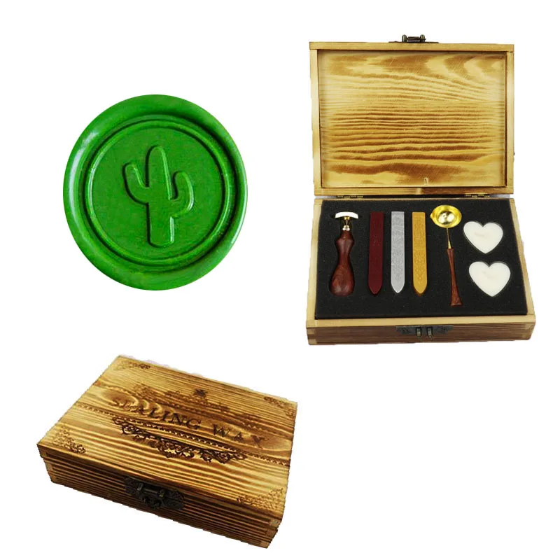 1 wood box Подпись на заказ Винтаж кактус изображение на заказ логотип Свадебное приглашение воск уплотнение штамп Палисандр Ручка Комплект - Цвет: 1 wood box