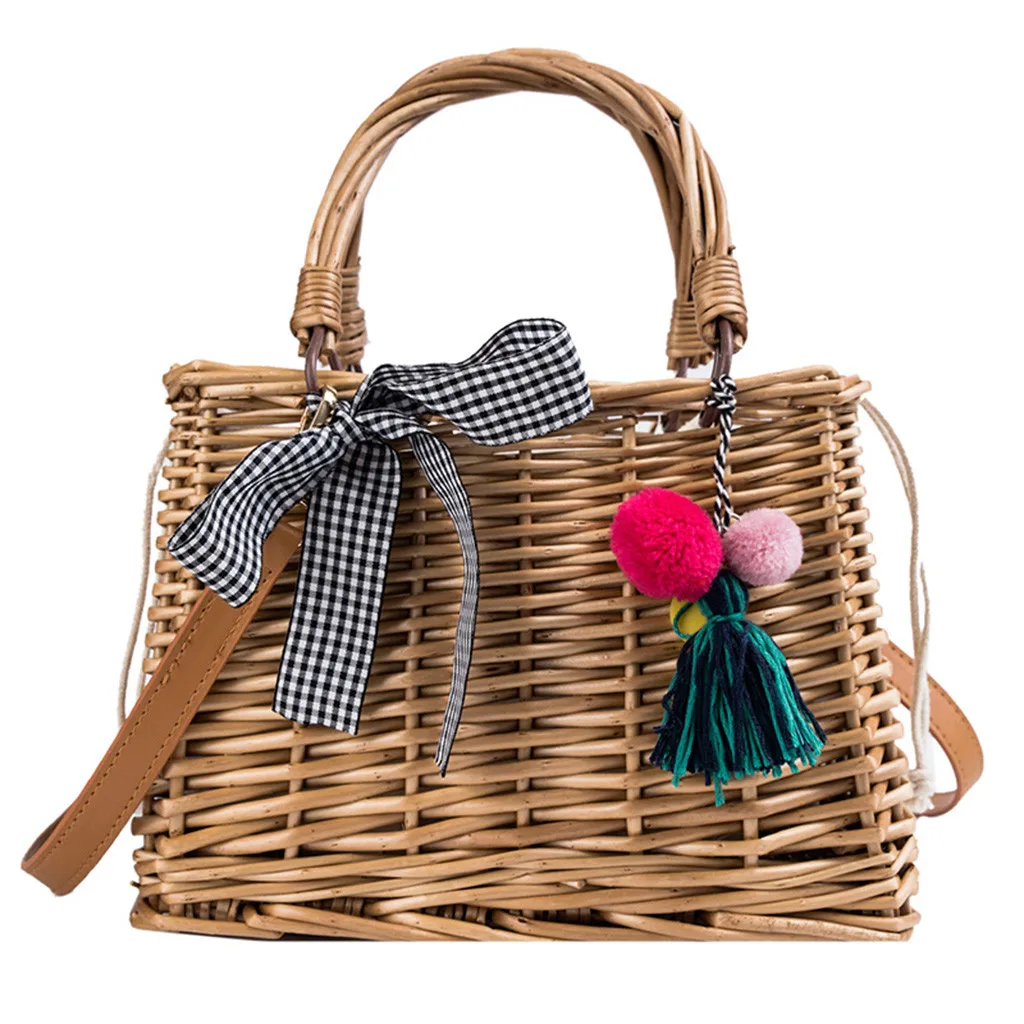 Пляжная сумка для телефона с замком через плечо женская пляжная сумка с кисточками улыбка бамбуковая корзина сумка-мешок квадратная сумка-мессенджер сумка 513 - Цвет: Brown