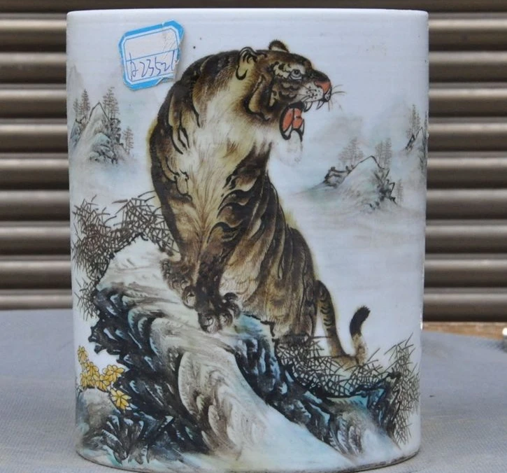 

China Wucai Porcelain Pine Animal Tiger Uphill Statue brush pot pencil vase jar