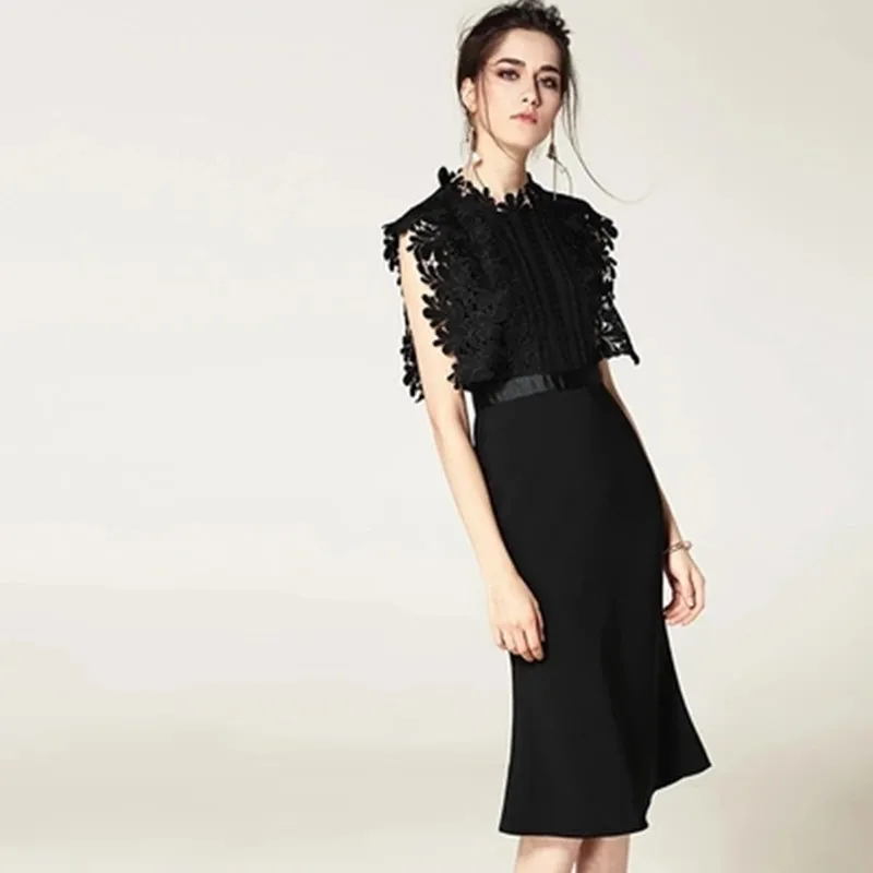 

2019 Summer Self Portrait Customized Black Lace Patchwork Dresses Hollow Out Sleeveless Women Bodycon Mermaid Party Dress
