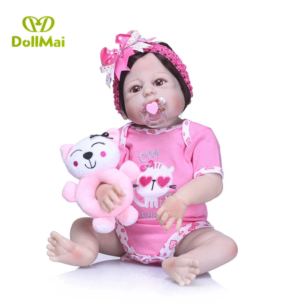 

22" Baby Doll With pink plush Doll Full Body Silicone Vinyl Adorable Lifelike Toddler Baby Bonecas Girl Kid Bebes Reborn Dolls