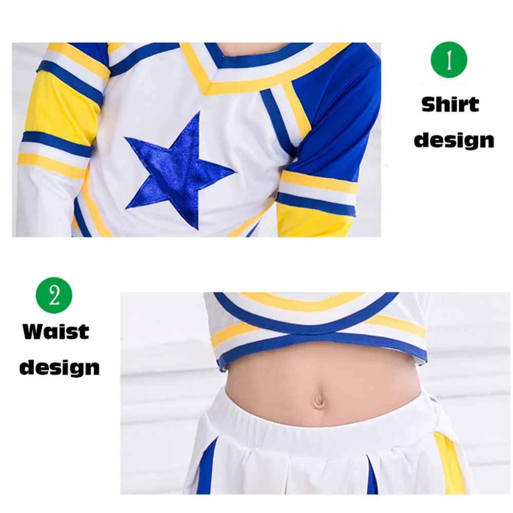 الفتيات الأزرق المشجع الزي التشجيع زي هالوين ملابس تنكرية رياضية طويلة الأكمام اللباس الكامل زي