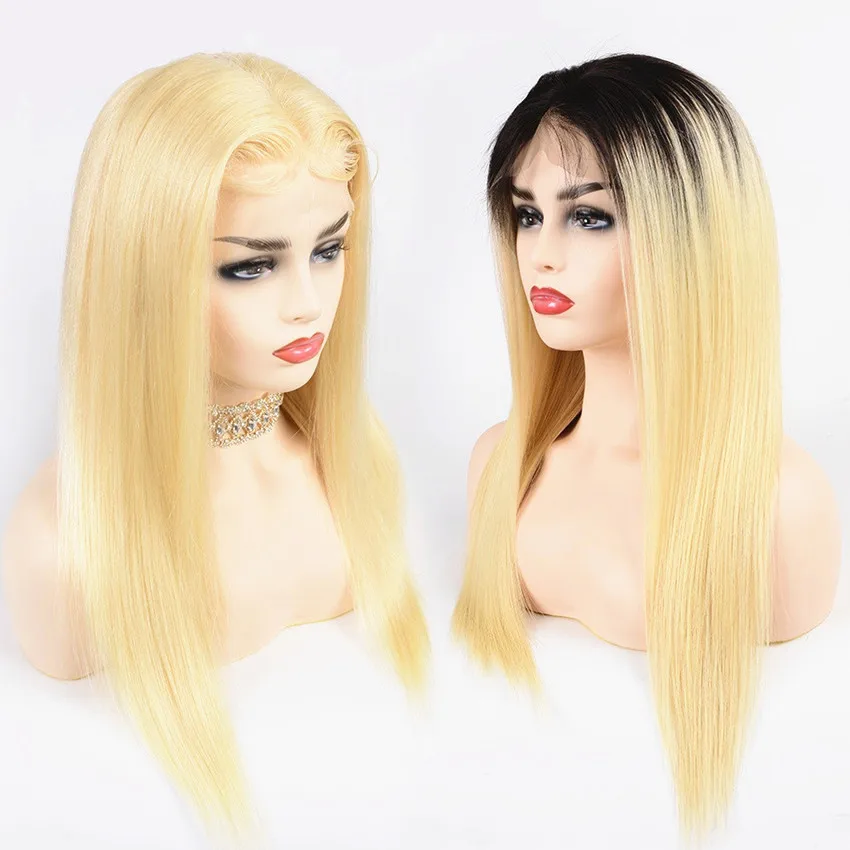 

T1B/613 Blonde 13x4 Lace Front Hair Wigs with Dark Roots Pre Plucked Malaysian Straight Human Hair Wigs Half Hand Tied Made Remy