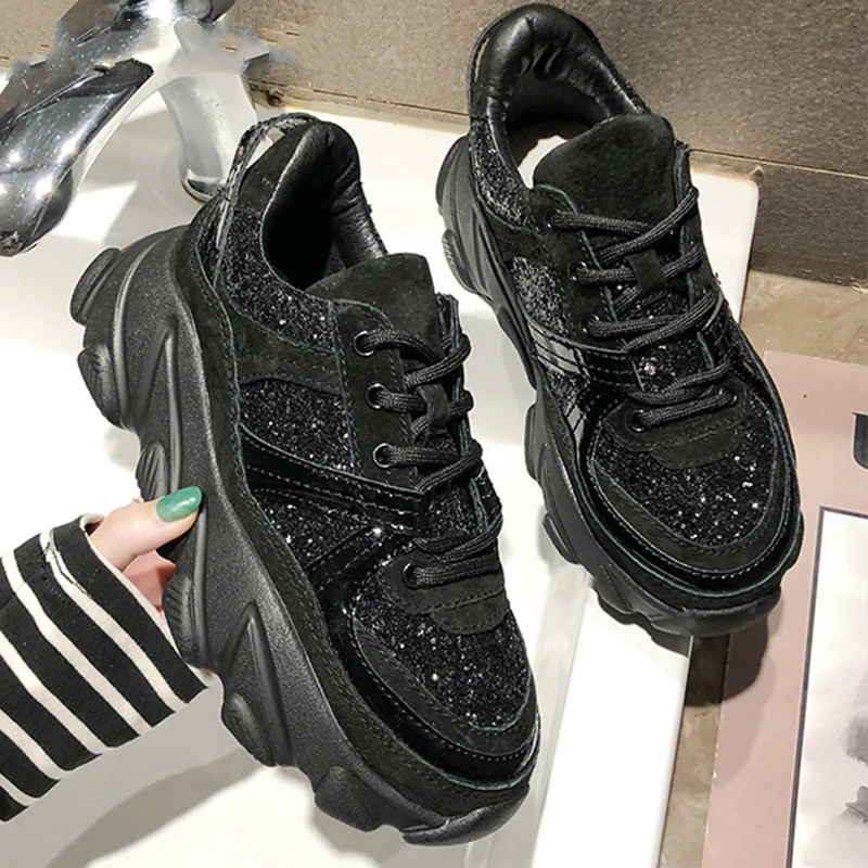 

Womens Sneakers Glitter Trainers Platform Wedges Chunky Sneakers Black Dad Sneakers Casual Shoes Woman chaussures femme QDD-84