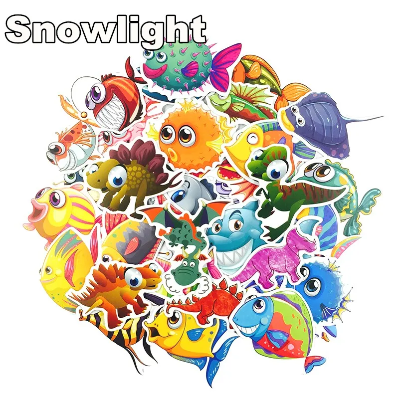 54 Pcs/lot Cartoon   Fish and Dinosaur Pvc Waterproof Sticker For Luggage Skateboard  Moto Guitar Car DIY Stickers