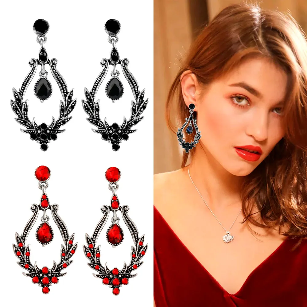

SINLEERY Vintage Gothic Style Hanging Chandelier Earrings Red Blue Black Cubic Zirconia Women Wedding Party Jewelry Es611 SSH