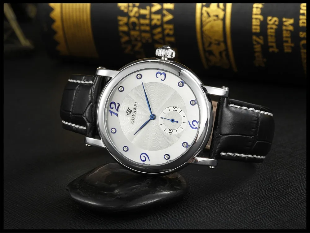 OUYAWEI модные автоматические механические мужские часы белый циферблат кожаный ремешок два зоны времени мужские наручные часы Relogio Masculino