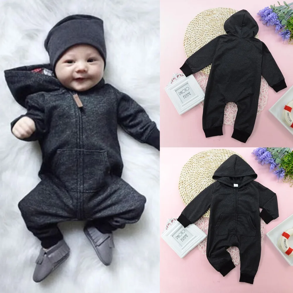 Newborn Baby Boys Short Sleeve Hooded Zipper Pocket Romper Cool Black Jumpsuit