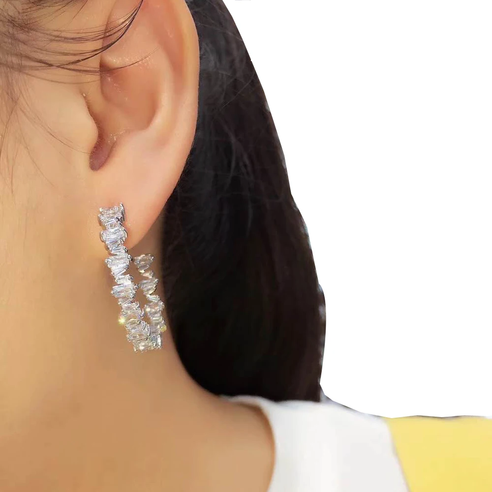 HIBRIDE Luxury Crystal Baguette Hoop Earrings For Women Jewelry Fashion Wedding Brincos Party Hoop Earring Wholesale E-876 - Image 5