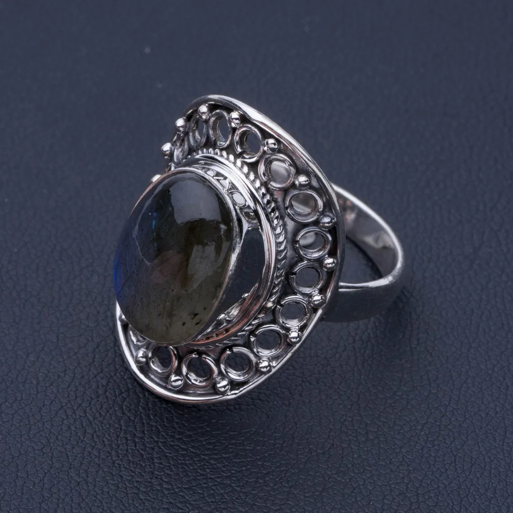 

Natural Blue Fire Labradorite Unique Design 925 Sterling Silver Ring US Size 8.5 P1052