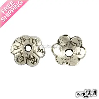 

6-Petal Tibetan Style Alloy Flower Bead Caps, Nickel Free & Lead Free, Antique Silver Color 6x2mm, Hole: 1mm
