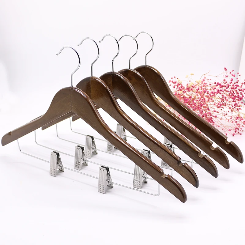 

10pcs/lot 45cm Solid Wooden Hangers Anti-skid Wood Clothes Racks with Clips Adult Hanger