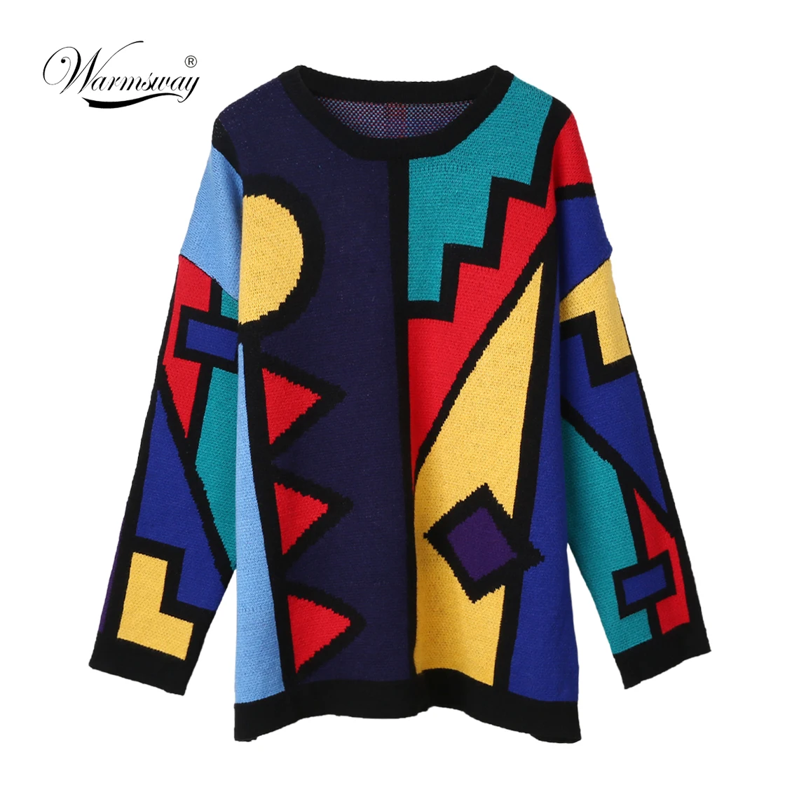2019 Korean New Winter Sweaters Woman Vintage Hit Color Geometric Loose Pullover Sweater Female Casual Jumpers C- 400