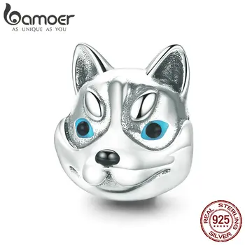 

BAMOER 100% 925 Sterling Silver Dog Head Cute Husky Poodle Animal Charm Beads fit Charm Bracelet Bangles Jewelry Making SCC836