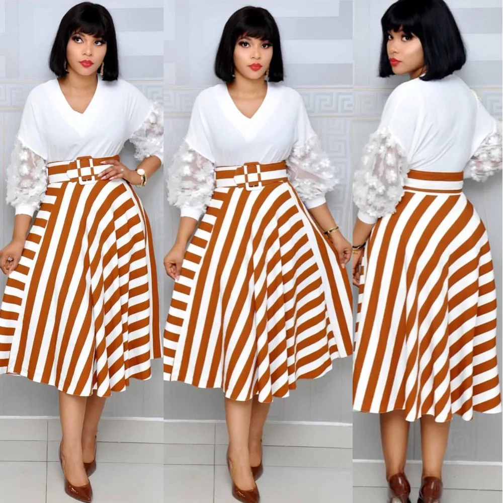 

HGTE African Dresses For Women Autumn Stripes African Print Maxi Spring Dress Dashiki Midi Dress Africaine Femme