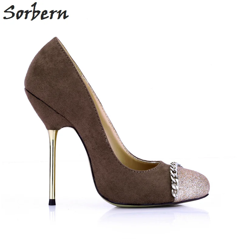 En Zapatos Tacón Café Alto coffee custom Bombas Remaches Sorbern Suede De Cadena Negro Mujer Color Gran Mujeres Faux Oro Tacones Deslizamiento Brillo Tamaño Metal SIPqnwE