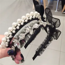 Жемчуг алмаз узел повязки для женщин аксессуары для волос, Корея сияющее оголовье для девочек корона цветок лук головные уборы обертывание